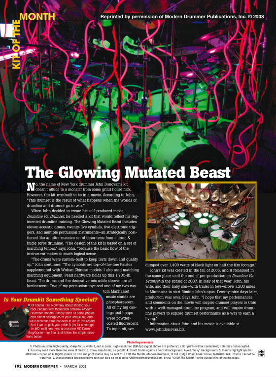 John Donovan was awarded KIT OF THE MONTH by Modern Drummer Magazine